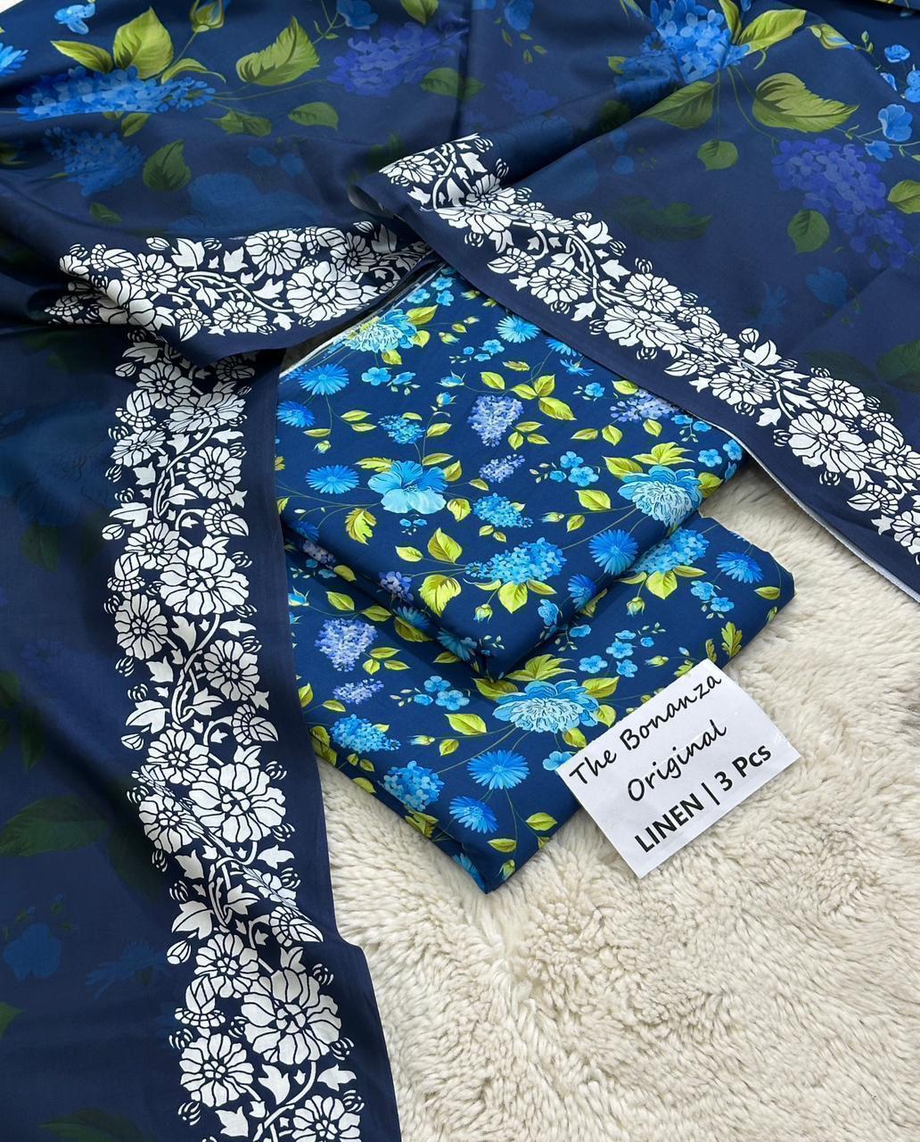 Bonanza Original Misri Gold – 3PC Printed Linen Suit