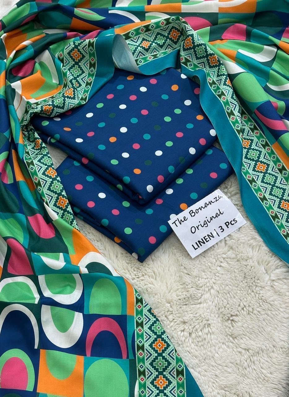 Bonanza Original Misri Gold – 3PC Printed Linen Suit