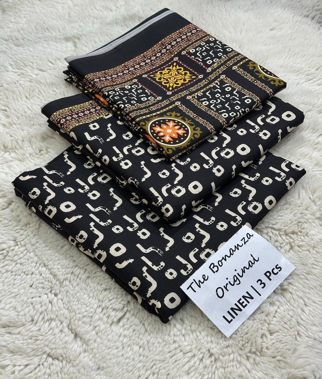 Bonanza Original Misri Gold – 3PC Printed Linen Suit