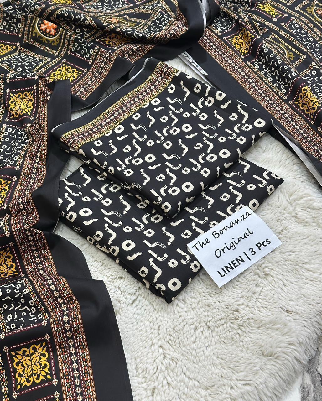 Bonanza Original Misri Gold – 3PC Printed Linen Suit