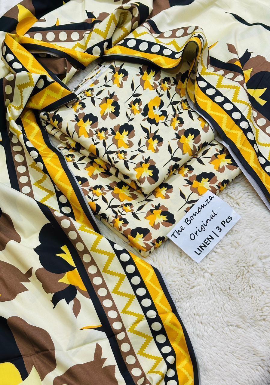 Bonanza Original Misri Gold – 3PC Printed Linen Suit
