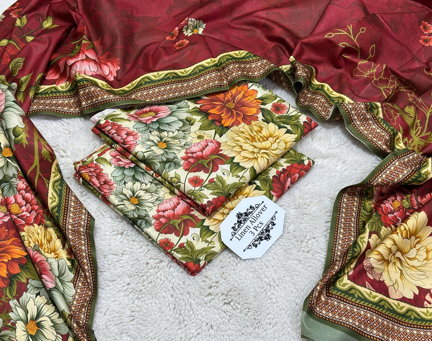 Bonanza Original Misri Gold – 3PC Printed Linen Suit