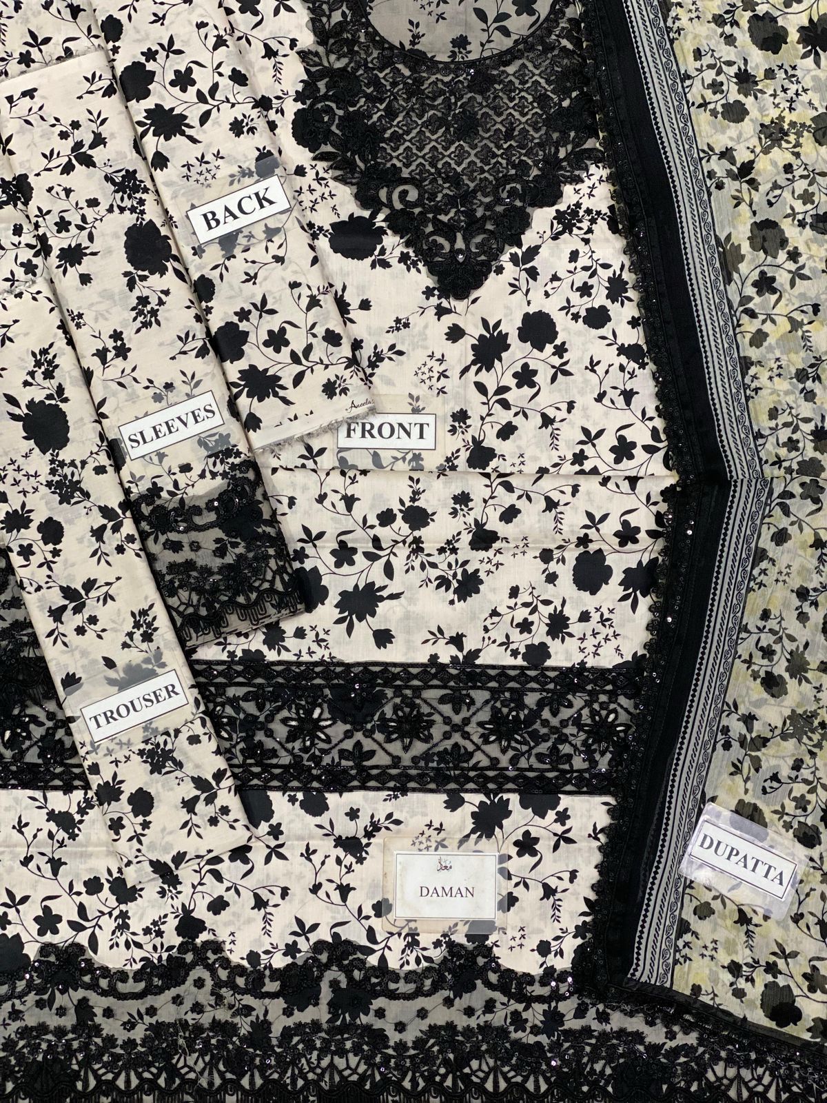 Aneela’s Collection Lawn & Chiffon Suit – Skin & Black 3PC with Embroidery & Printed Dupatta