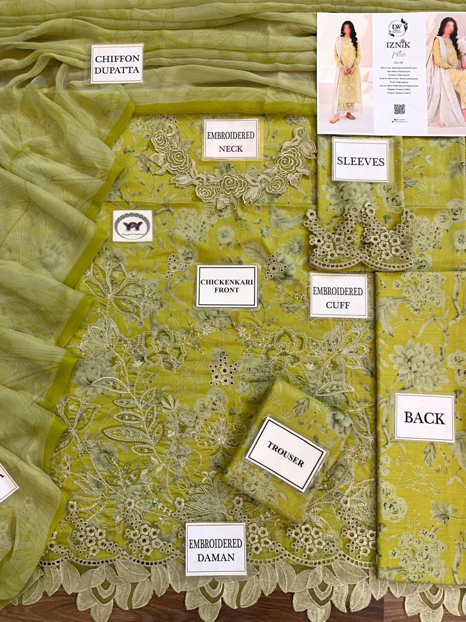Iznik Lawn 3-Piece Suit with Embroidered Front & Chiffon Dupatta