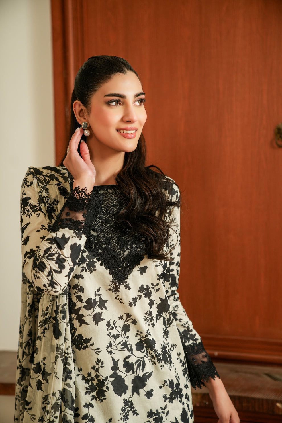 Aneela’s Collection Lawn & Chiffon Suit – Skin & Black 3PC with Embroidery & Printed Dupatta