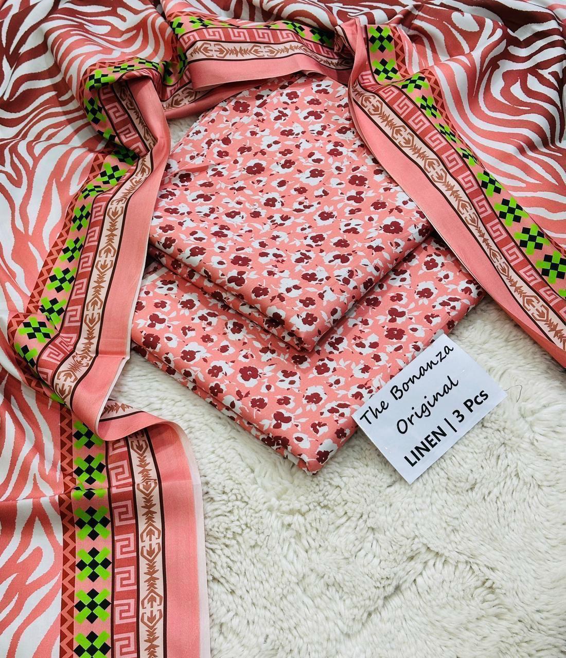 Bonanza Original Misri Gold – 3PC Printed Linen Suit
