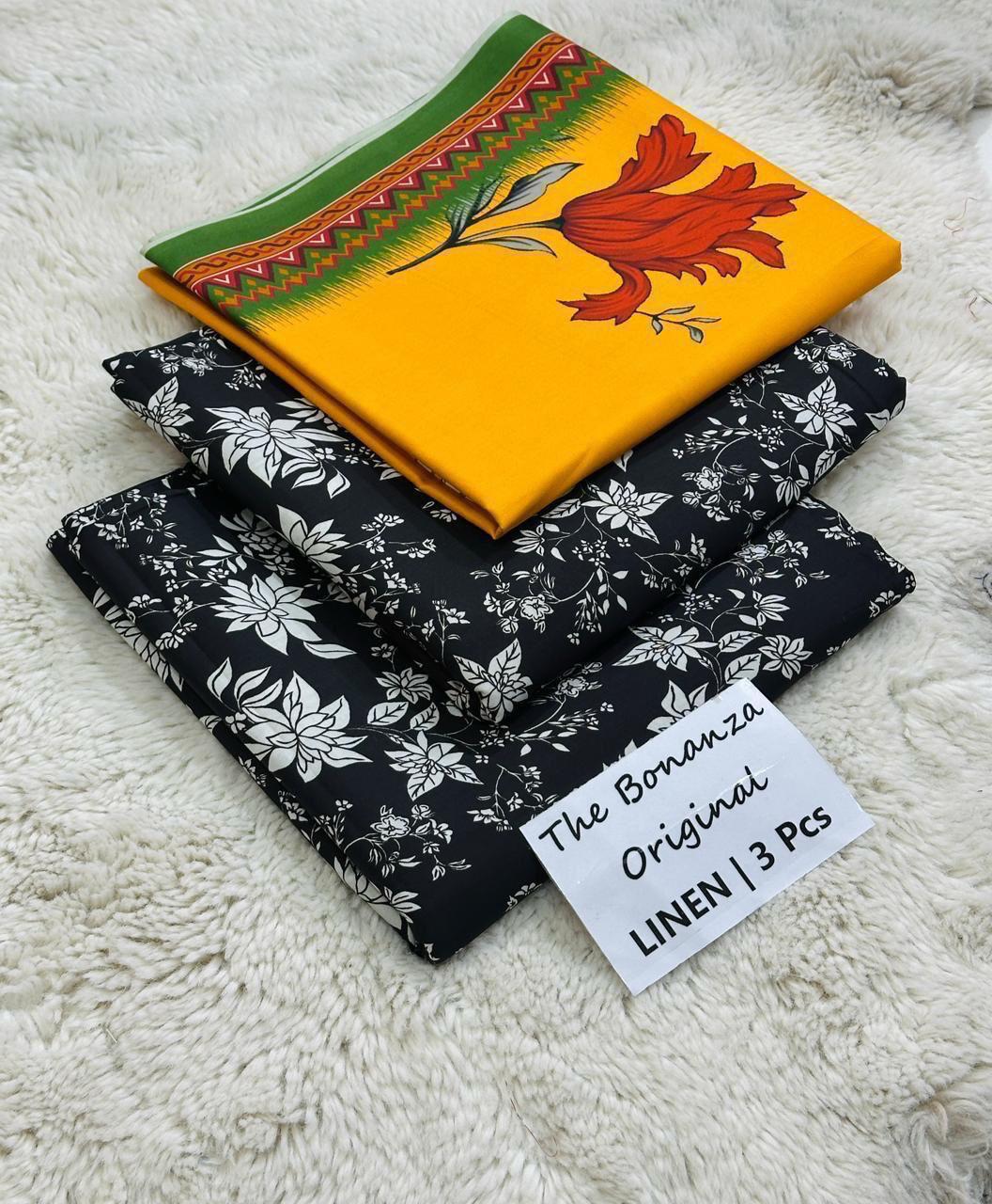 Bonanza Original Misri Gold – 3PC Printed Linen Suit