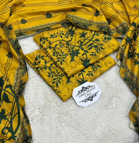 Bonanza Original Misri Gold – 3PC Printed Linen Suit