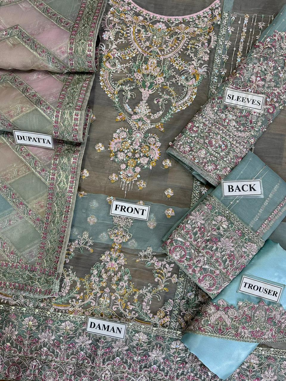 Kanwal Malik Organza Replica – Unstitched Luxury Suit with Sequence Adda Work