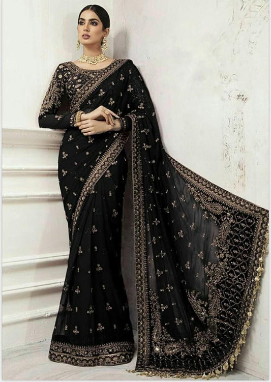 Maria B Saree Wedding Collection – Net Embroidered Saree with Sequence & Stone Handwork
