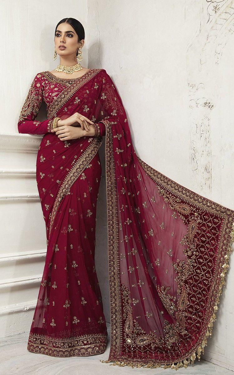 Maria B Saree Wedding Collection – Net Embroidered Saree with Sequence & Stone Handwork