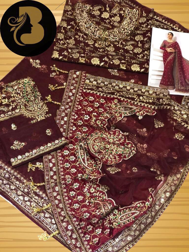Maria B Saree Wedding Collection – Net Embroidered Saree with Sequence & Stone Handwork
