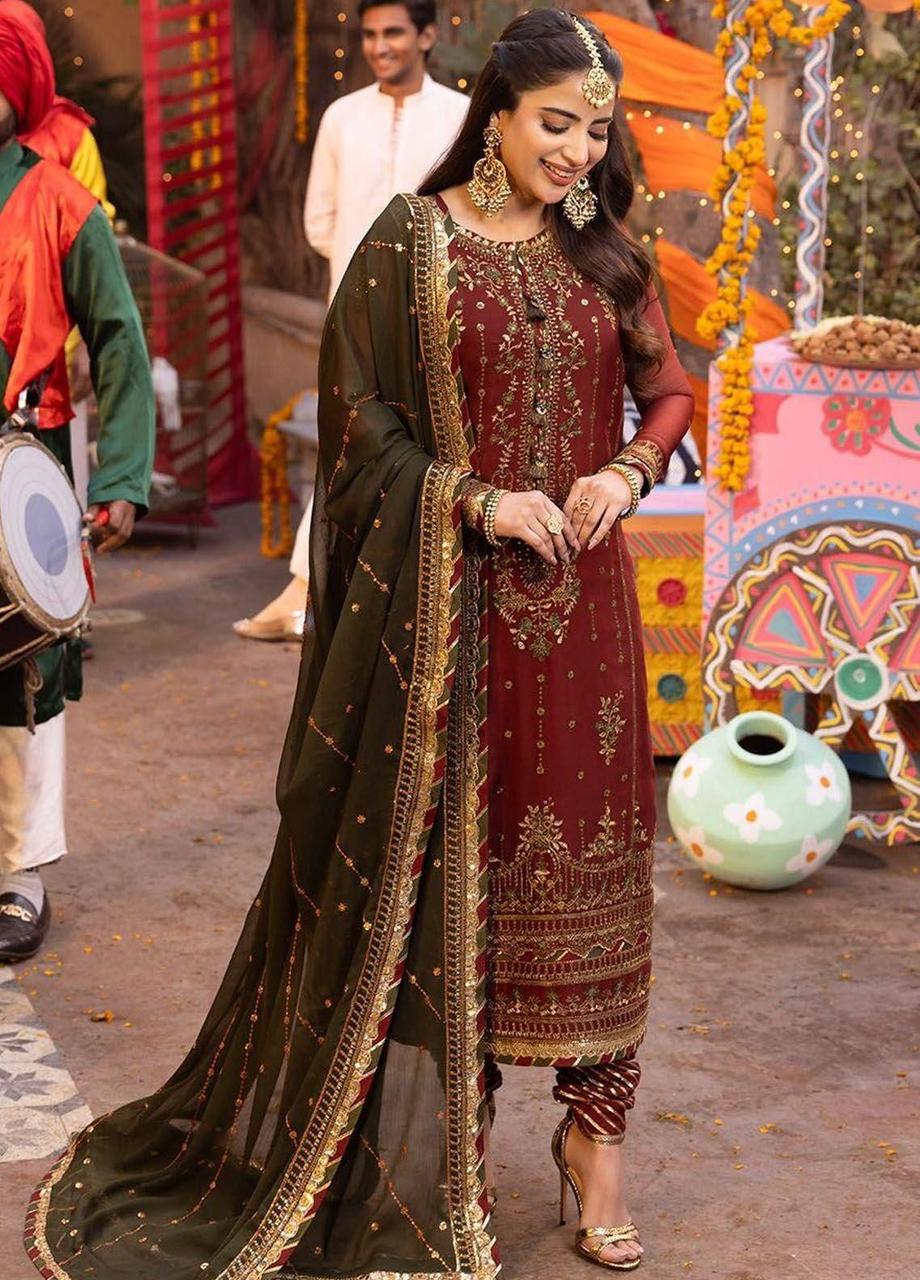 Asim Jofa  – Chiffon Unstitched Suit with Malai Trouser & Sequence Work
