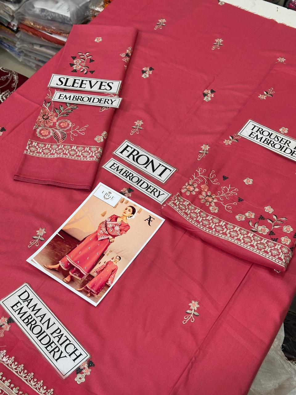 URGE Winter 2PC Suit - Embroidered Dhanak 2025 fabric set with labeled embroidery sections for front, sleeves, trousers, and daman patch.