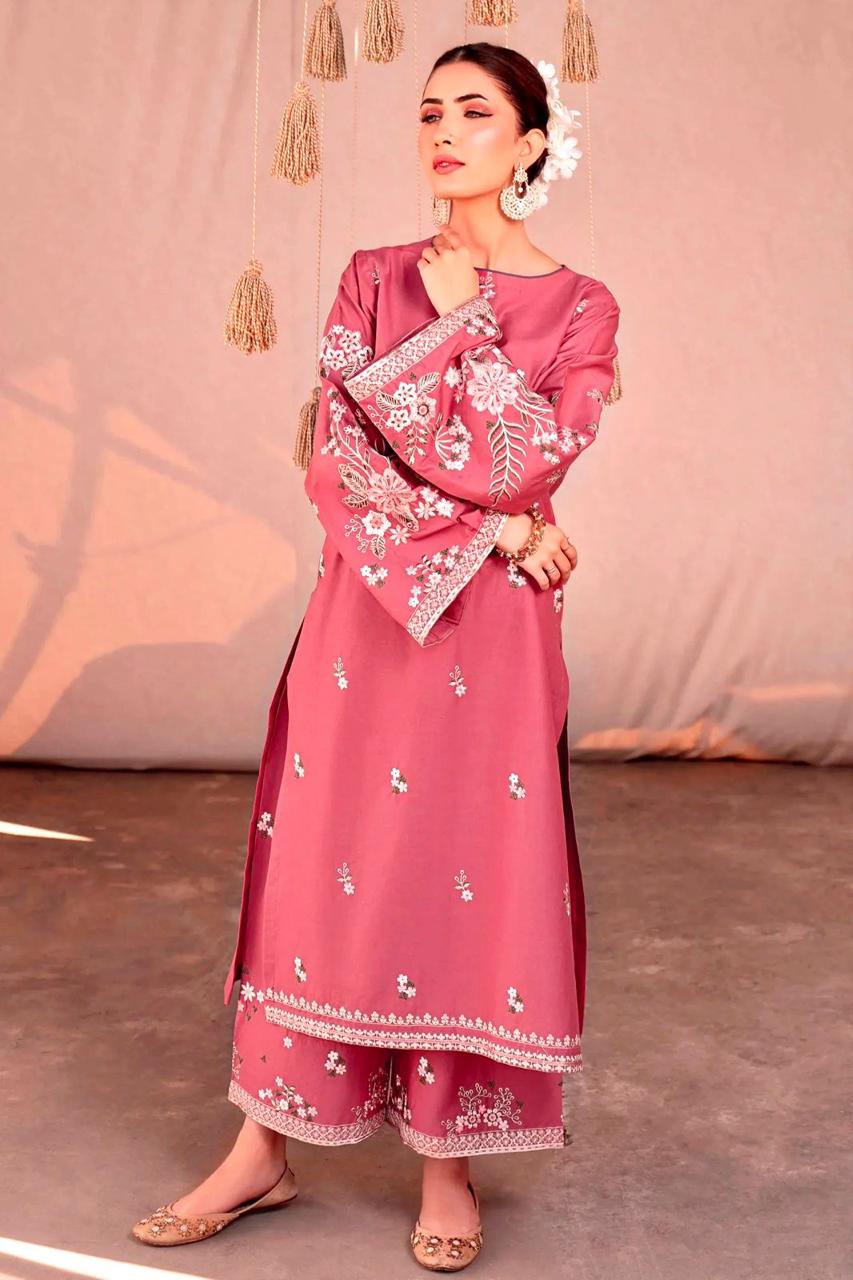 URGE Winter 2PC Suit - Embroidered Dhanak 2025 in soft pink with intricate embroidery on sleeves and hem, perfect for semi-formal winter looks.