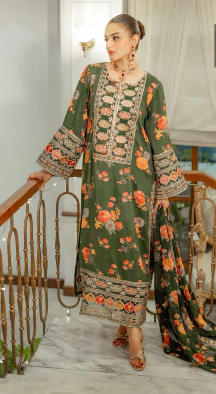 Aneela's 3PC Silk Digital Print & Heavy Embroidery Suit – Luxury