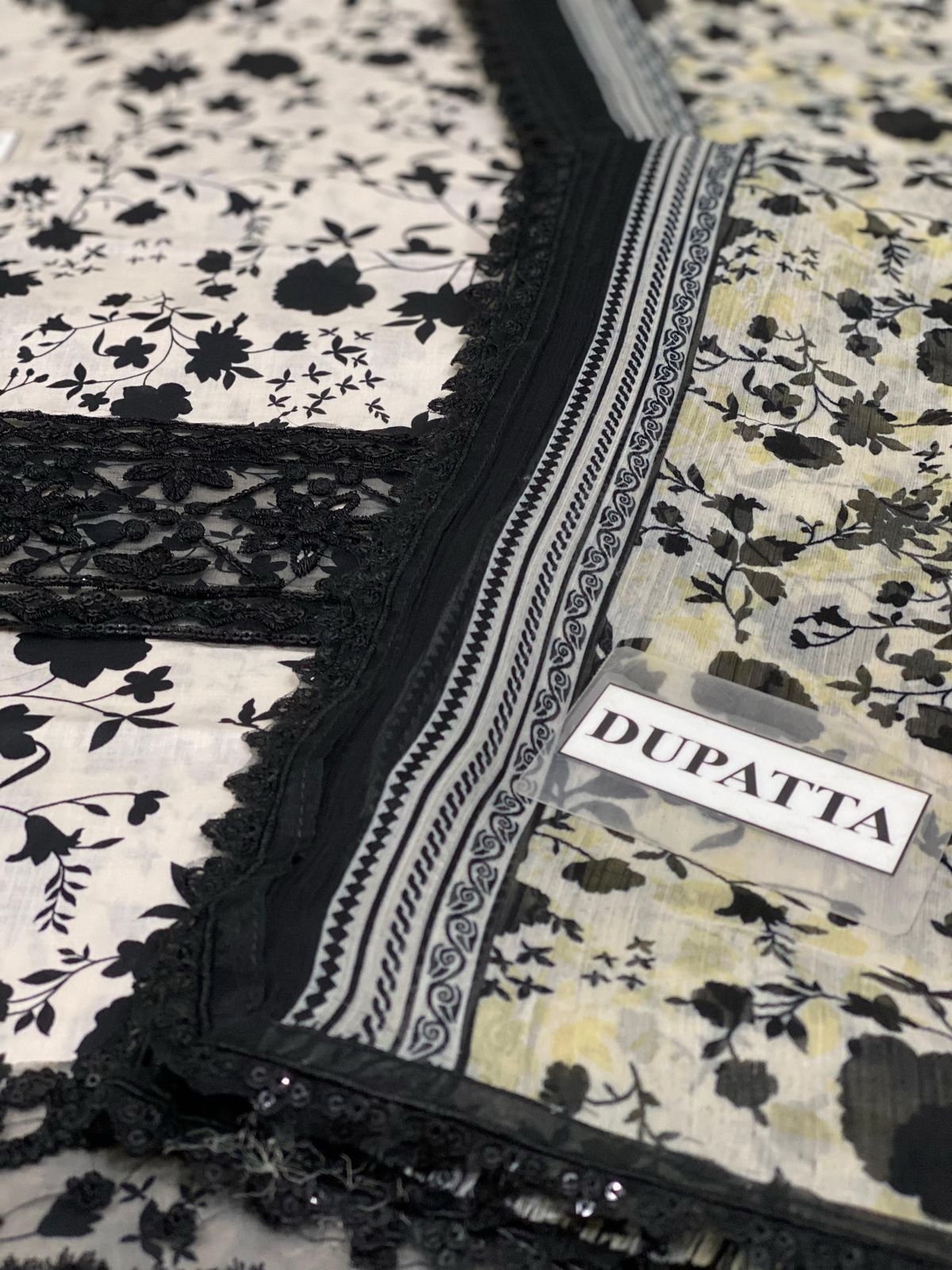 Aneela’s Collection Lawn & Chiffon Suit – Skin & Black 3PC with Embroidery & Printed Dupatta