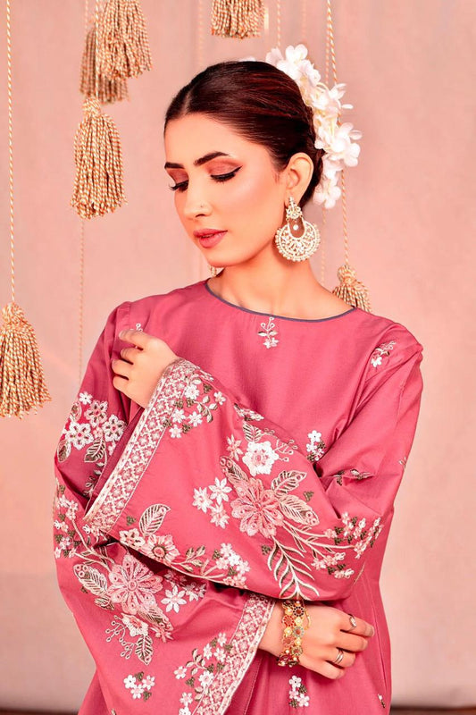 URGE Winter 2PC Suit - Embroidered Dhanak 2025 in rose pink with floral embroidery, styled for casual winter wear with elegant accessories.