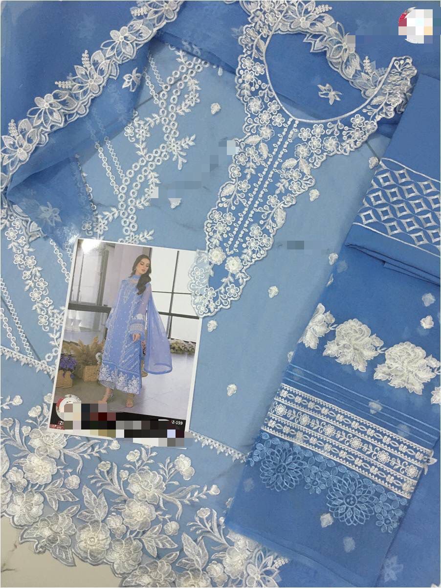 Azure Embroidered Organza 3-Piece Suit