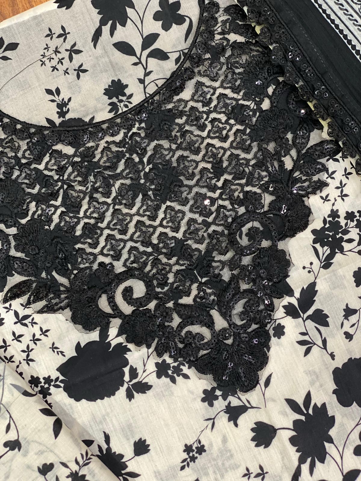 Aneela’s Collection Lawn & Chiffon Suit – Skin & Black 3PC with Embroidery & Printed Dupatta