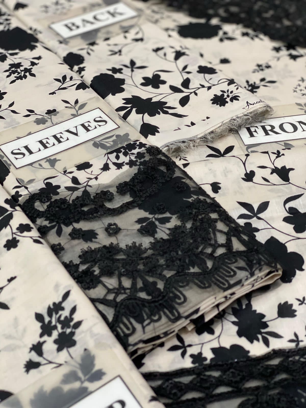 Aneela’s Collection Lawn & Chiffon Suit – Skin & Black 3PC with Embroidery & Printed Dupatta