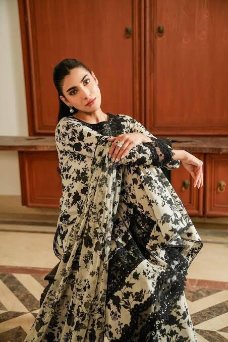 Aneela’s Collection Lawn & Chiffon Suit – Skin & Black 3PC with Embroidery & Printed Dupatta