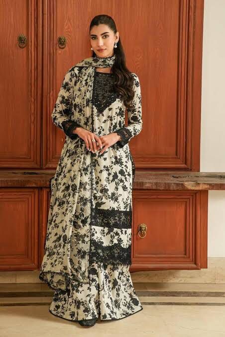 Aneela’s Collection Lawn & Chiffon Suit – Skin & Black 3PC with Embroidery & Printed Dupatta
