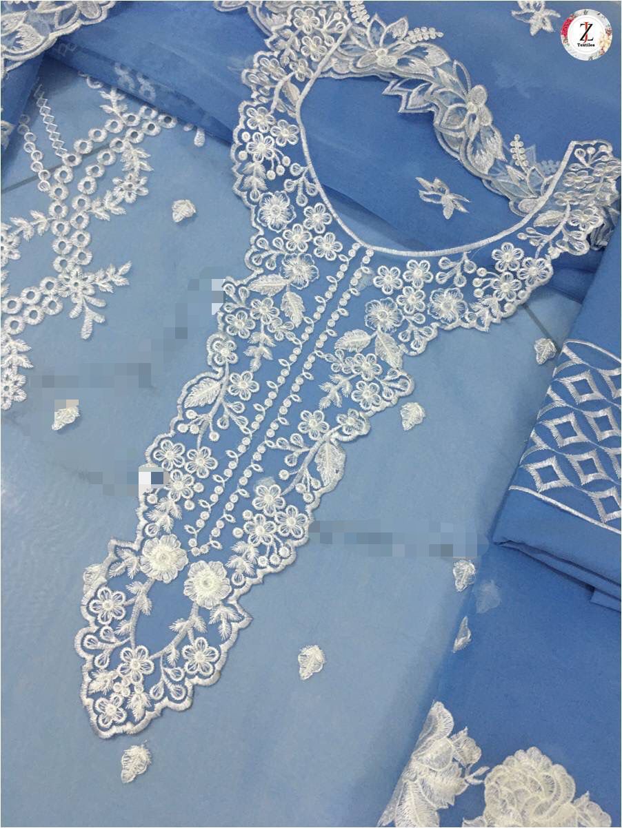 Azure Embroidered Organza 3-Piece Suit