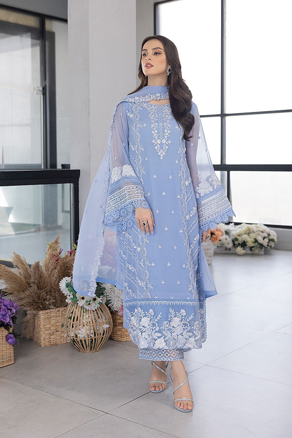 Azure Embroidered Organza 3-Piece Suit