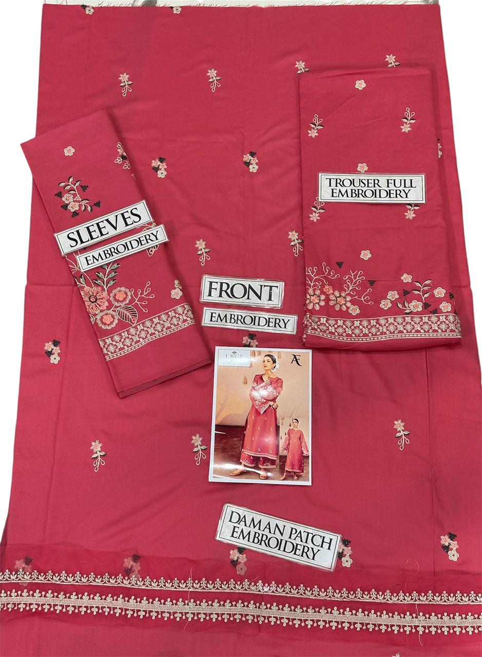 URGE Winter 2PC Suit - Embroidered Dhanak 2025 unstitched fabric layout showing embroidered front, sleeves, trousers, and daman patch.