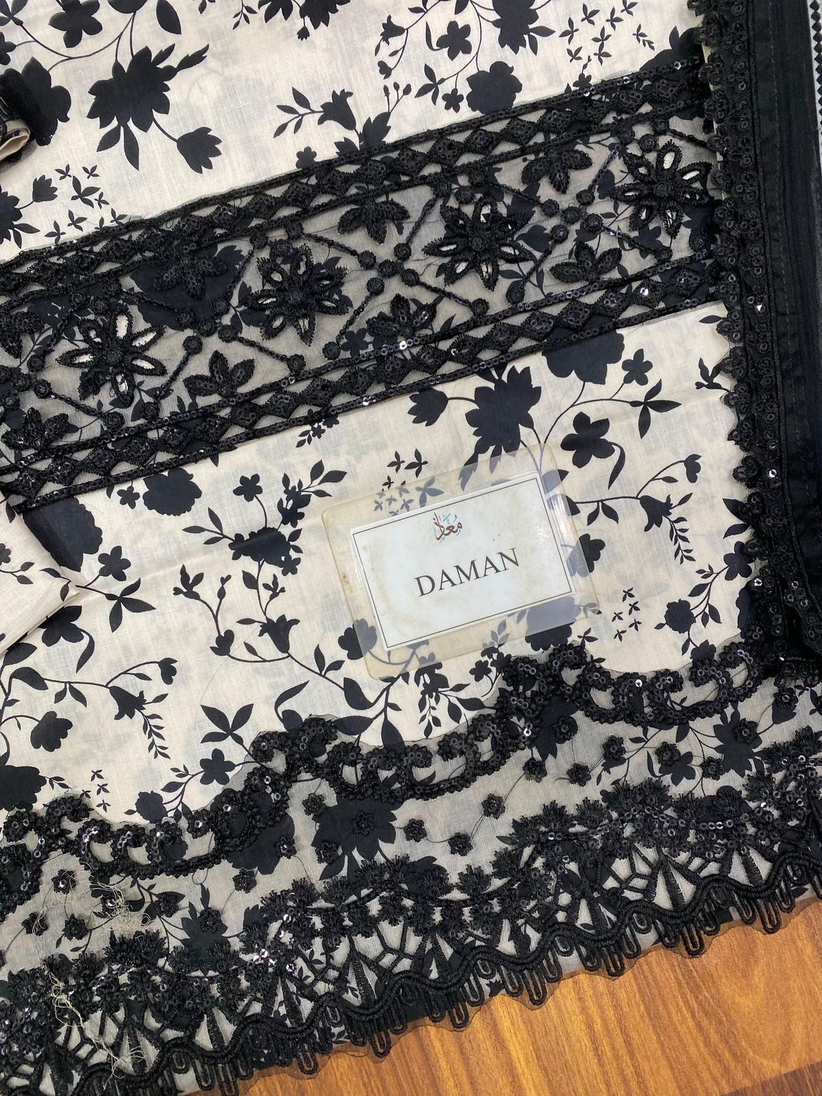 Aneela’s Collection Lawn & Chiffon Suit – Skin & Black 3PC with Embroidery & Printed Dupatta